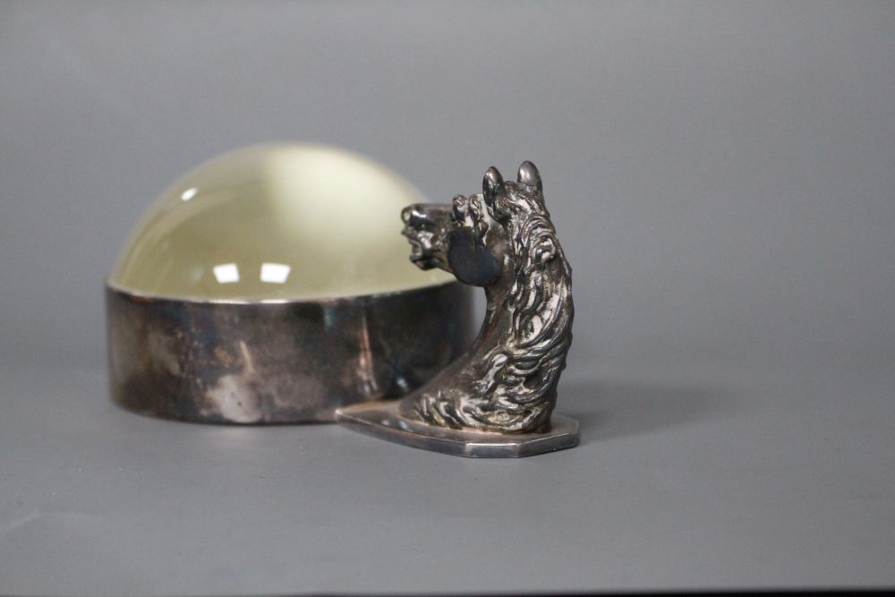 A silver plate mounted desk magnifying glass with horses head handle, retailed by Hermes, Paris,